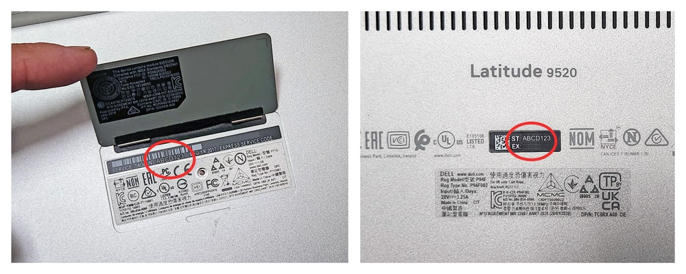 A Dell laptop with a service tag label on the bottom panel