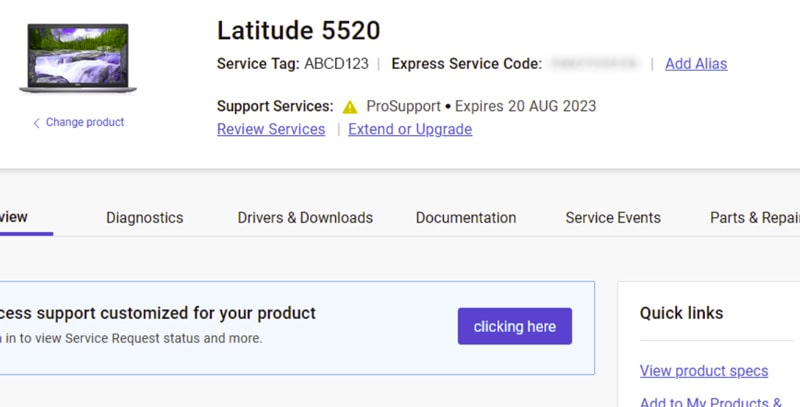 Dell service tag lookup page screen shot