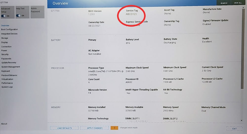 Locate the service tag in the Dell UEFI BIOS