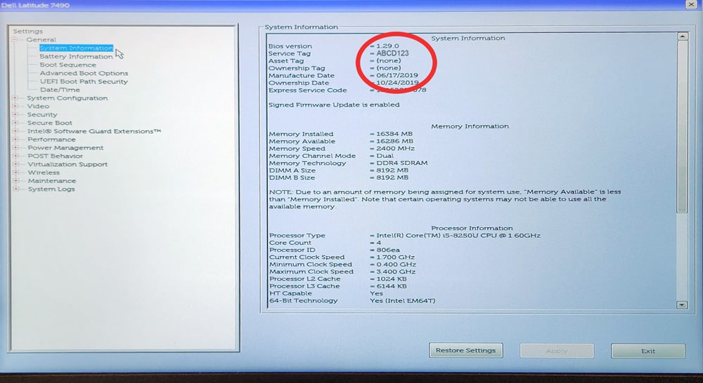 Find your Dell service tag in the system BIOS